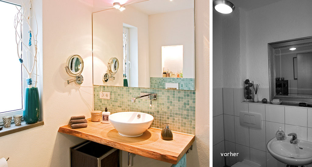 Badezimmer Waschtisch Eiche Holzblock Natur Waldkante Rustikal Modern Friesenheim