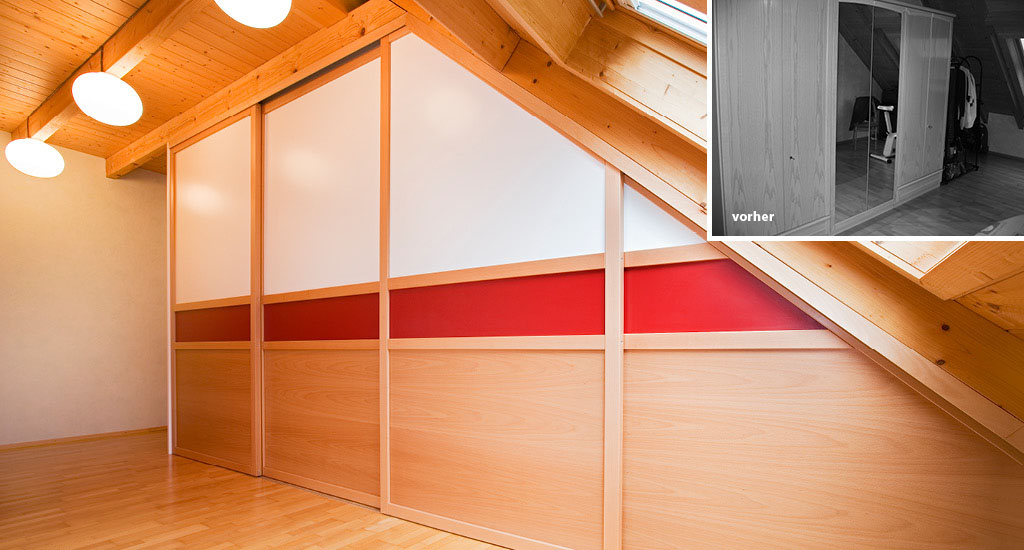 Kleiderschrank Massivholz Schiebetüren Rot Weiß lackiert Dachgeschoss Schräge Schreinerei Hamm in Offenburg