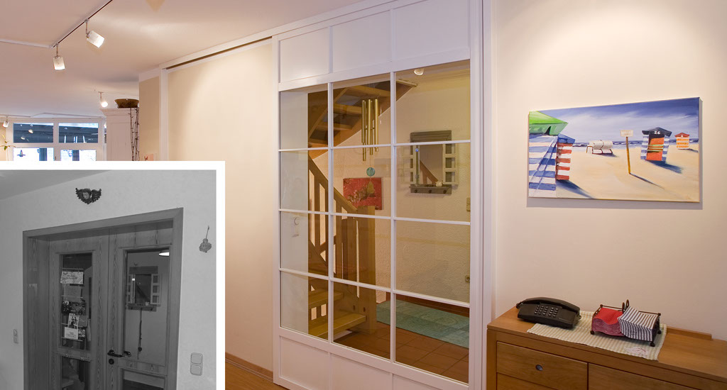 Windfang in weiß lackiert mit Glasfüllung Schreinerei Hamm in Lahr